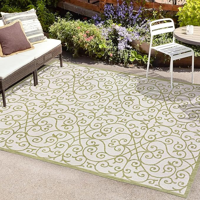 JONATHAN Y Vintage Filigree Indoor Outdoor Area Rug 8X10 Green/Cream, Madrid Textured Weave for Backyard, Patio, Porch, Easy-Cleaning, High Traffic, Pet-Friendly, Non-Shedding (SMB107H-8)