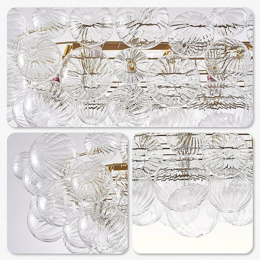 Nordic Bubble Ball Swirled Glass Chandelier, 36" Long Rectangular Chandeliers Island Light Fixture Gold and Clear Blown Glass Large Pendant Light Fixture for Bedroom Study Restaurant Dining Table