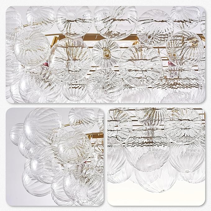 Longree Nordic Bubble Ball Swirled Glass Chandelier Long 50 inch Rectangular Island Light Fixture Gold and Clear Blown Glass Lighting for Dining Table, Living Room