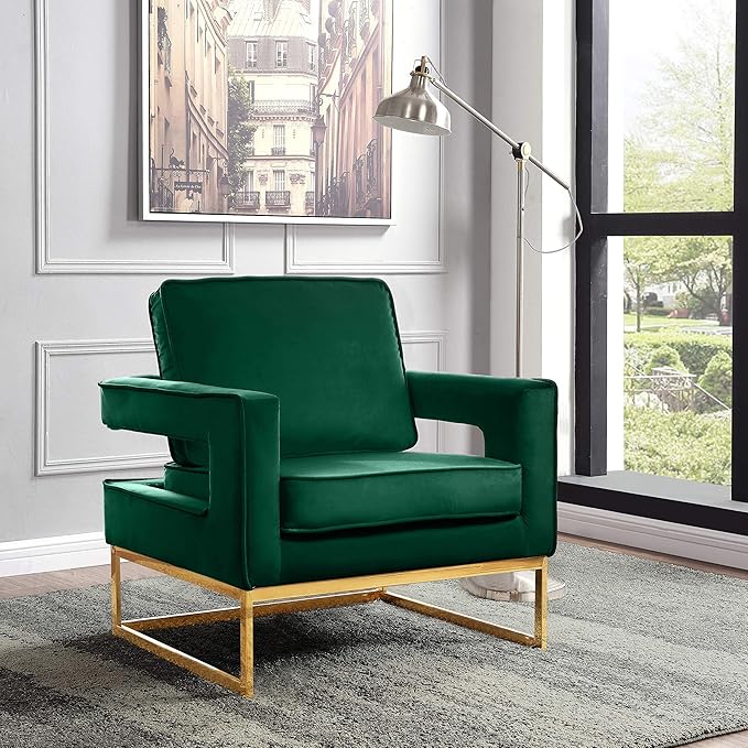 Meridian Furniture Noah Collection Modern | Contemporary Velvet Upholstered Accent Chair with Durable Stainless Steel Base, Green, Gold Base