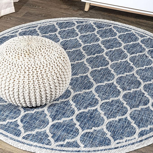 JONATHAN Y Moroccan Trellis Indoor Outdoor Round Area Rug 5 Ft Navy/Gray, Trebol Textured Weave for Backyard, Patio, Porch, Easy-Cleaning, High Traffic, Pet-Friendly, Non-Shedding (SMB109D-5R)