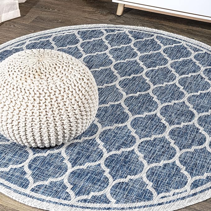 JONATHAN Y Moroccan Trellis Indoor Outdoor Round Area Rug 9 Ft Navy/Gray, Trebol Textured Weave for Backyard, Patio, Porch, Easy-Cleaning, High Traffic, Pet-Friendly, Non-Shedding (SMB109D-9R)