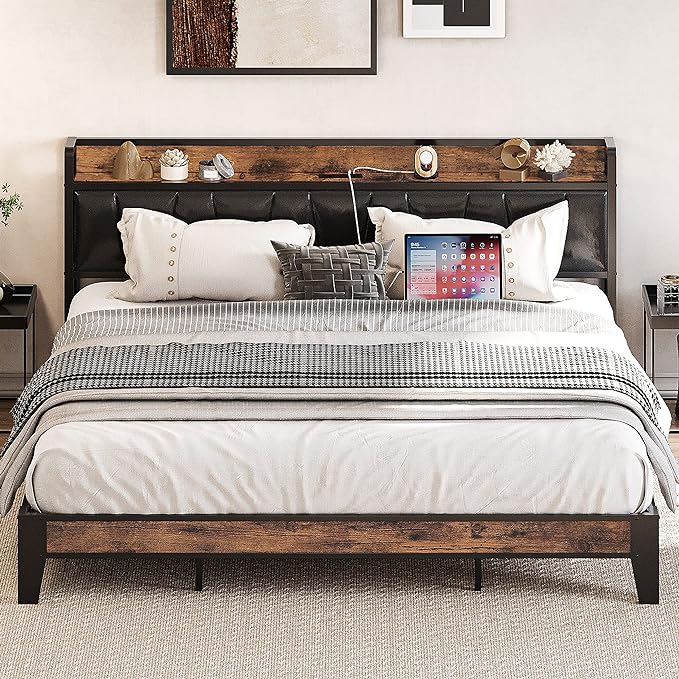 LIKIMIO King Bed Frame, Storage Headboard with Charging Station, Solid and Stable, Noise Free, No Box Spring Needed, Easy Assembly (Vintage and Black)