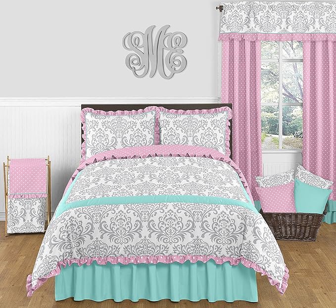 Sweet Jojo Designs Skylar Turquoise Blue, Pink Polka Dot and Gray Damask 3 Piece Girls Full/Queen Bedding Set