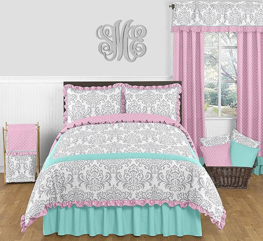 Sweet Jojo Designs Skylar Turquoise Blue, Pink Polka Dot and Gray Damask 3 Piece Girls Full/Queen Bedding Set