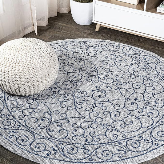 JONATHAN Y Vintage Filigree Indoor Outdoor Round Area Rug 4 Ft Gray/Navy, Charleston Textured Weave for Backyard, Patio, Porch, Easy-Cleaning, High Traffic, Pet-Friendly, Non-Shedding (SMB106C-4R)