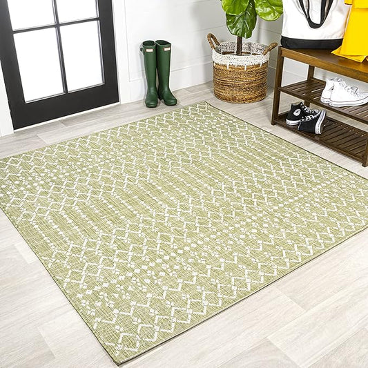 JONATHAN Y Moroccan Geometric Indoor Outdoor Square Area Rug 5X5 Light Green/Cream, Ourika Textured Weave for Backyard, Patio, Porch, Easy-Cleaning, Pet-Friendly, Non-Shedding (SMB108N-5SQ)