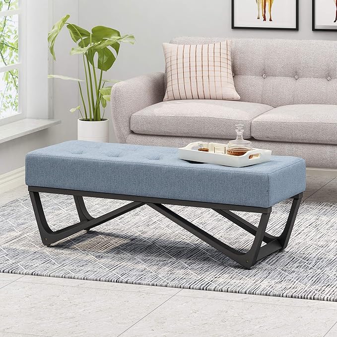 Ball & Cast Modern Tufted Upholstered Entryway Bench Ottoman, 47.5" Padded Bed of End Stool Seating with Faux Wooden Frame, for Living Room Bedroom Kitchen, Blue