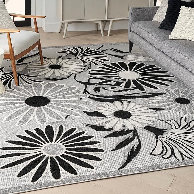 Nourison Home Aloha Black White 7' x 10' Area Rug - Easy Clean, Non Shedding, Bed Room, Living Room, Dining Room, Kitchen (7' x 10')