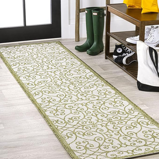 JONATHAN Y Vintage Filigree Indoor Outdoor Runner Rug 2X10 Green/Cream, Madrid Textured Weave for Backyard, Patio, Porch, Easy-Cleaning, High Traffic, Pet-Friendly, Non-Shedding (SMB107H-210)