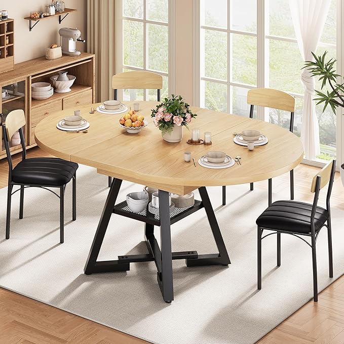 Round Dining Table Kitchen Dining Room Dinner Table for 4-6, Space Saving Extendable Oval Circle Furniture with Pedestal Base and Storage Shelf for Kitchen Living Room (Wood, for 4-6)