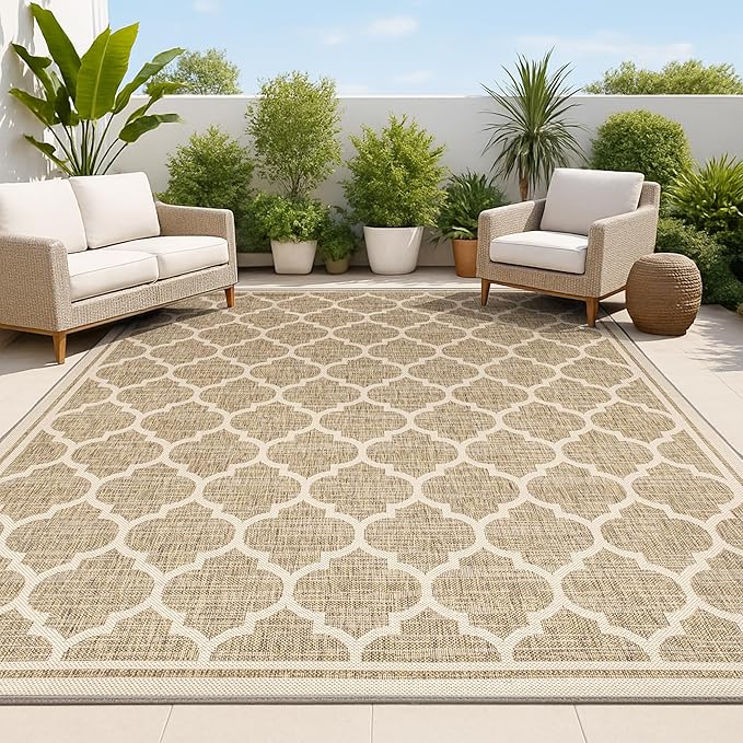 JONATHAN Y Moroccan Trellis Indoor Outdoor Area Rug 8X10 Brown/Beige, Trebol Textured Weave for Backyard, Patio, Porch, Easy-Cleaning, High Traffic, Pet-Friendly, Non-Shedding (SMB109A-8)