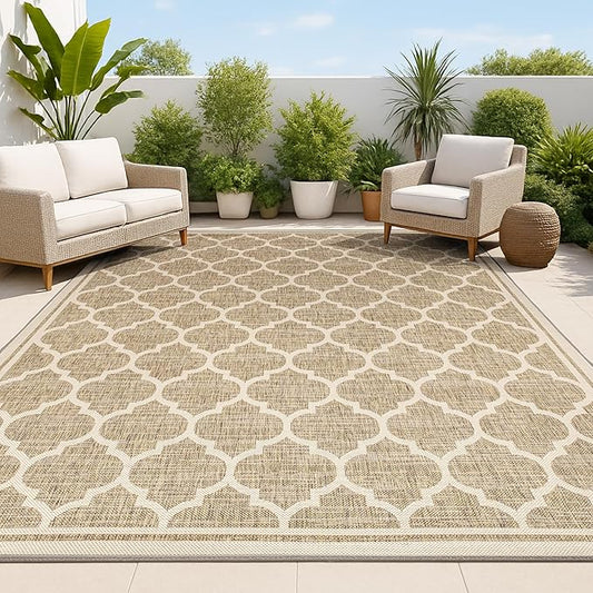 JONATHAN Y Moroccan Trellis Indoor Outdoor Area Rug 8X10 Brown/Beige, Trebol Textured Weave for Backyard, Patio, Porch, Easy-Cleaning, High Traffic, Pet-Friendly, Non-Shedding (SMB109A-8)