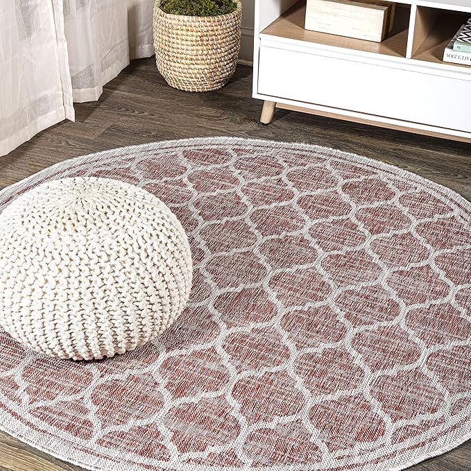 JONATHAN Y Moroccan Trellis Indoor Outdoor Round Area Rug 8 Ft Red/Beige, Trebol Textured Weave for Backyard, Patio, Porch, Easy-Cleaning, High Traffic, Pet-Friendly, Non-Shedding (SMB109C-8R)