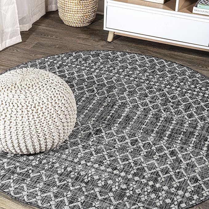 JONATHAN Y Moroccan Geometric Indoor Outdoor Round Area Rug 9 Ft Black/Gray, Ourika Textured Weave for Backyard, Patio, Porch, Easy-Cleaning, High Traffic, Pet-Friendly, Non-Shedding (SMB108F-9R)