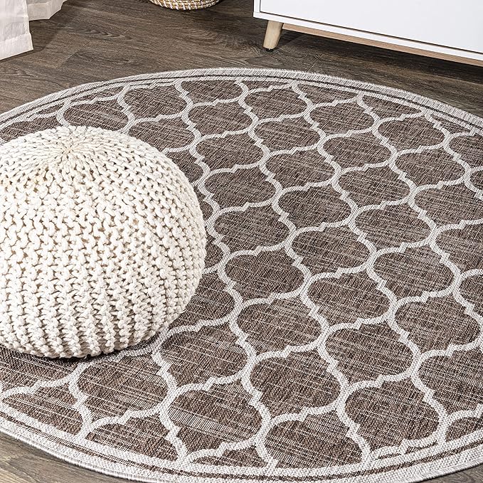 JONATHAN Y Moroccan Trellis Indoor Outdoor Round Area Rug 8 Ft Espresso/Taupe, Trebol Textured Weave for Backyard, Patio, Porch, Easy-Cleaning, Pet-Friendly, Non-Shedding (SMB109B-8R)