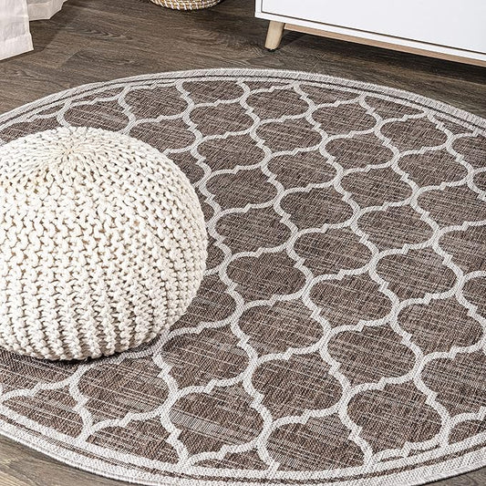 JONATHAN Y Moroccan Trellis Indoor Outdoor Round Area Rug 8 Ft Espresso/Taupe, Trebol Textured Weave for Backyard, Patio, Porch, Easy-Cleaning, Pet-Friendly, Non-Shedding (SMB109B-8R)