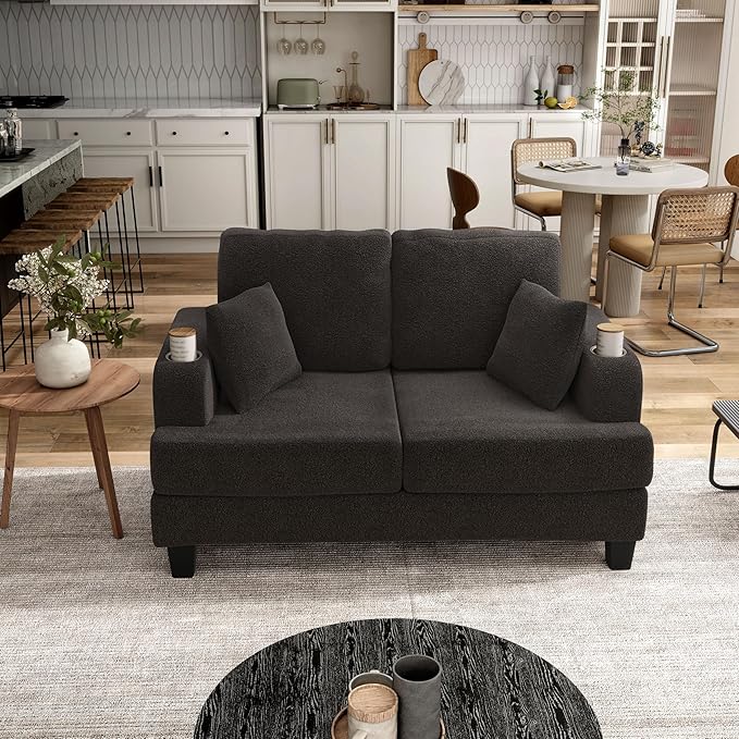 Homes: Inside + Out Reese Modern Plush Boucle Comfortable Loveseat with Side Pockets, Cup Holders and Pillows, Wooden Soft Couch for Living Room, Bedroom and Office, Dark Grey