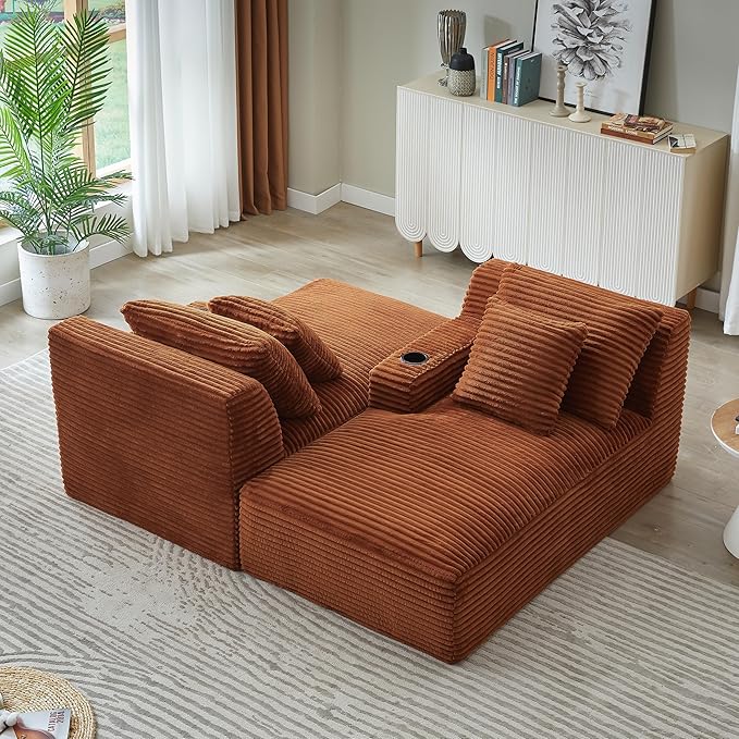 Eafurn Oversized Double Chaise Lounge Indoor with Cup Holders & Side Pocket, 71" Plush Corduroy Boneless Chaise Lounge Sofa with High Density Sponge & Deep High Seat Comfy Sleeper Couch Bed | Breathable material, No Assembly, 52" Deep Seat, 19.7" High ...