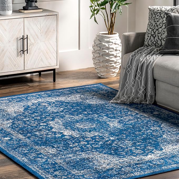 Nuloom Verona Dark Blue/White, 8'10" x 12', Vintage Medallion, Soft and Cozy, High Traffic, Stain Resistant, Easy Clean, Durable Area Rug for Bedroom, Living Room, Dining Space, Den, Foyer, Entryway