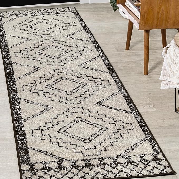 JONATHAN Y Amir Moroccan Beni Souk Cream/Black Runner Rug, 2x14, Bohemian, Scandinavian, Easy-Cleaning for Living Room, Bedroom, Kitchen, Pet Friendly, Non-Shedding (MOH200A-214)