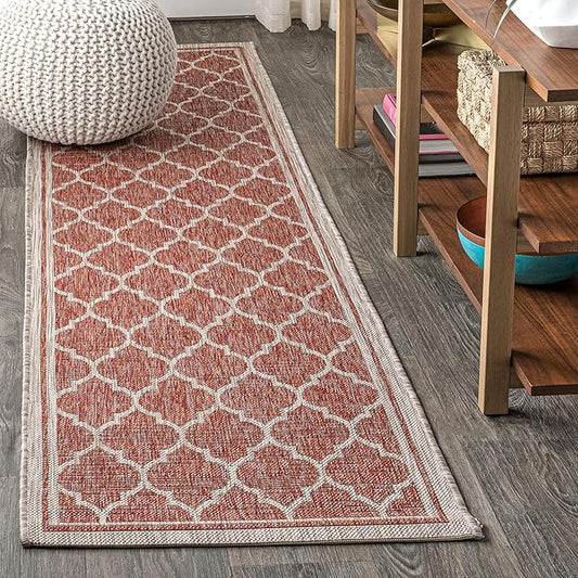 JONATHAN Y Moroccan Trellis Indoor Outdoor Runner Rug 2X8 Red/Beige, Trebol Textured Weave for Backyard, Patio, Porch, Easy-Cleaning, High Traffic, Pet-Friendly, Non-Shedding (SMB109C-28)