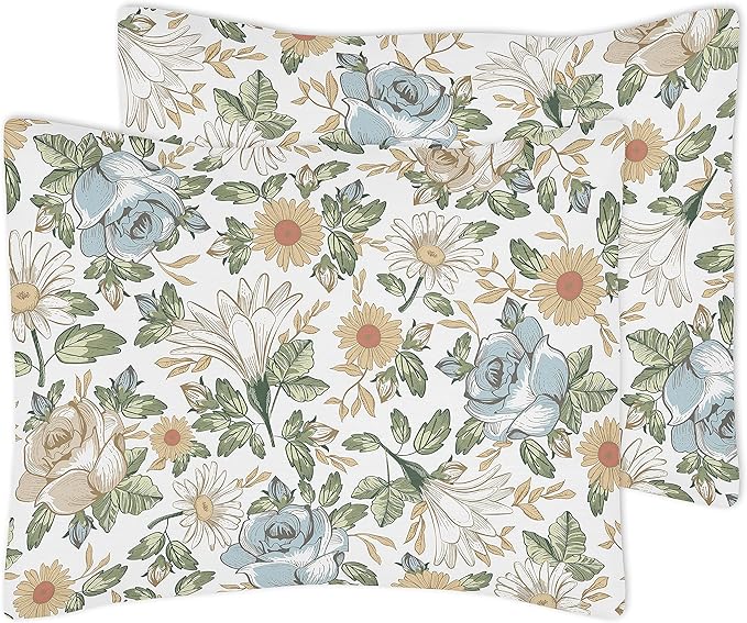 Sweet Jojo Designs Vintage Floral Blue Yellow Girl Full Queen Bedding Set Kids Comforter Childrens Size - 3pcs - Slate Green Gold Orange Taupe Beige Shabby Chic Rose Flower Boho Bohemian Farmhouse