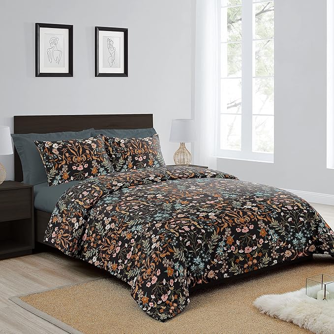 Sweet Jojo Designs Boho Wildflower Vintage Floral Girl Queen Comforter Set Full Size Bedding Teen Adult Bed Room 3p Black Orange Bohemian Farmhouse Flower Leaves Paisley Botanical Cottagecore Rustic