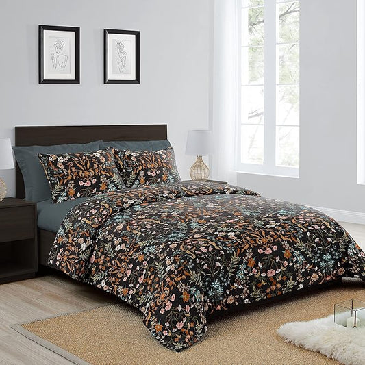 Sweet Jojo Designs Boho Wildflower Vintage Floral Girl Queen Comforter Set Full Size Bedding Teen Adult Bed Room 3p Black Orange Bohemian Farmhouse Flower Leaves Paisley Botanical Cottagecore Rustic