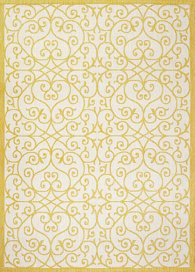JONATHAN Y Vintage Filigree Indoor Outdoor Area Rug 4X6 Cream/Yellow, Madrid Textured Weave for Backyard, Patio, Porch, Easy-Cleaning, High Traffic, Pet-Friendly, Non-Shedding (SMB107D-4)
