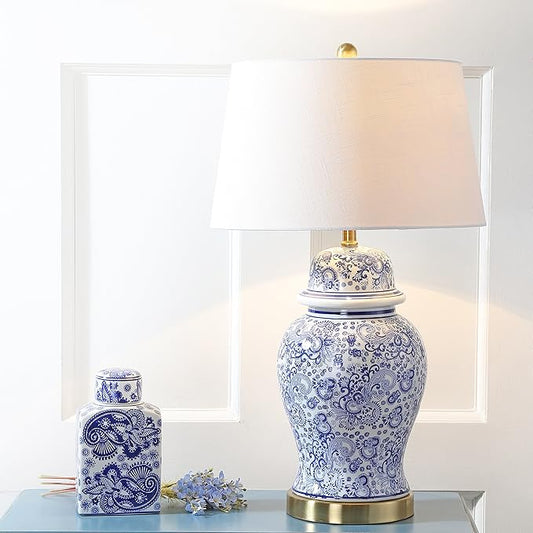 JONATHAN Y 29.5" Blue/White Ceramic Table Lamp for Living Room and Office, White Linen Drum Shade, Traditional Chinoiserie Ginger Jar Lamp, LED Bulb Included JYL3008A