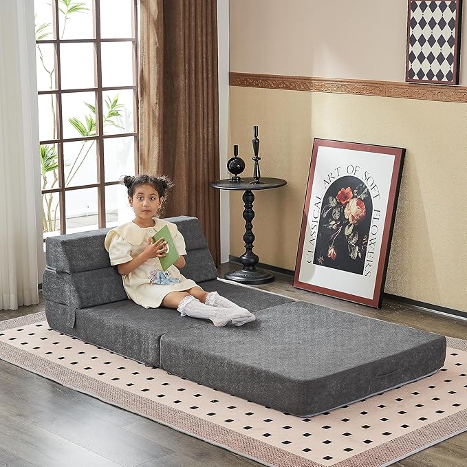 jela Foldable Sofa Bed Large Soft Foam Convertible Sleeper Chair Luxury Miss Fabric Fold Out Chair Bed Floor Couch with Back Support Floor Sofa for Living Room Bedroom (83"x33",Dark Gray) | breathable material