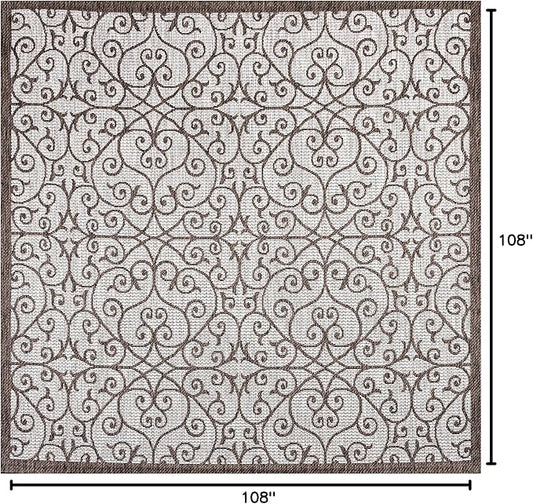 JONATHAN Y Vintage Filigree Indoor Outdoor Square Area Rug 9X9 Taupe/Espresso, Madrid Textured Weave for Backyard, Patio, Porch, Easy-Cleaning, High Traffic, Pet-Friendly, Non-Shedding (SMB107C-9SQ)