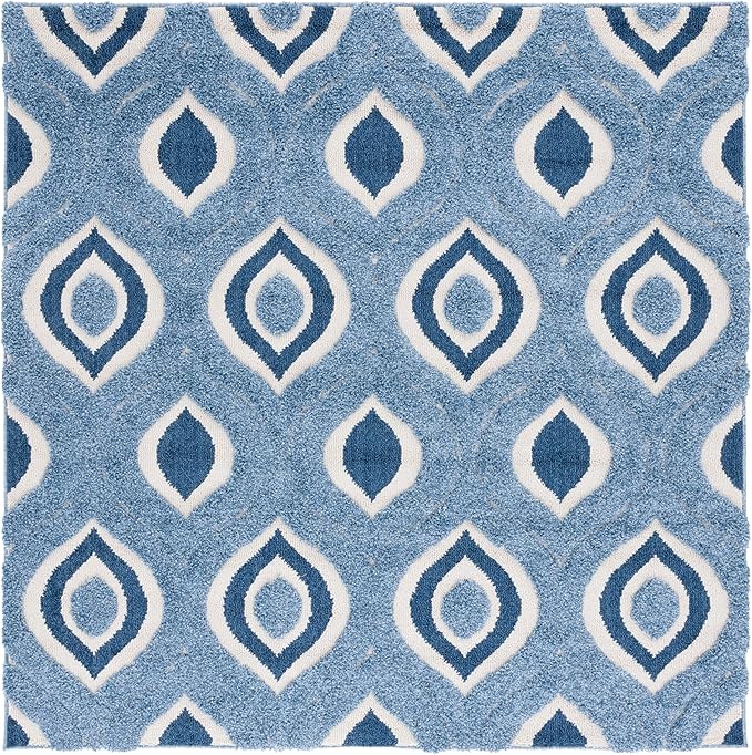 SAFAVIEH Florida Shag Collection Area Rug - 6'7" Square, Blue & Ivory, Modern Ogee Design, Non-Shedding & Easy Care, 1.2-inch Thick Ideal for High Traffic Areas in Living Room, Bedroom (SG461-6012)