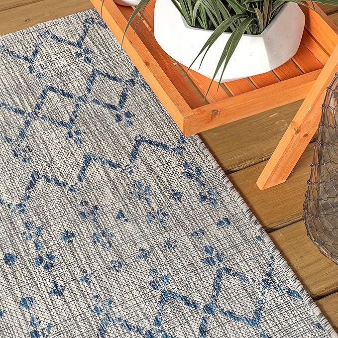 JONATHAN Y Moroccan Geometric Indoor Outdoor Round Area Rug 8 Ft Light Gray/Navy, Ourika Textured Weave for Backyard, Patio, Porch, Easy-Cleaning, High Traffic, Pet-Friendly, Non-Shedding SMB108A-8R