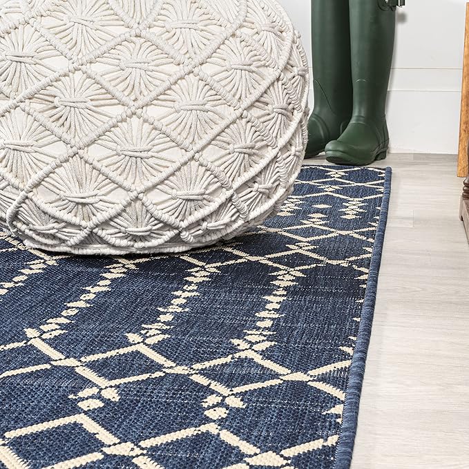 JONATHAN Y Moroccan Geometric Indoor Outdoor Square Area Rug 9X9 Navy/Beige, Ourika Textured Weave for Backyard, Patio, Porch, Easy-Cleaning, High Traffic, Pet-Friendly, Non-Shedding (SMB108K-9SQ)