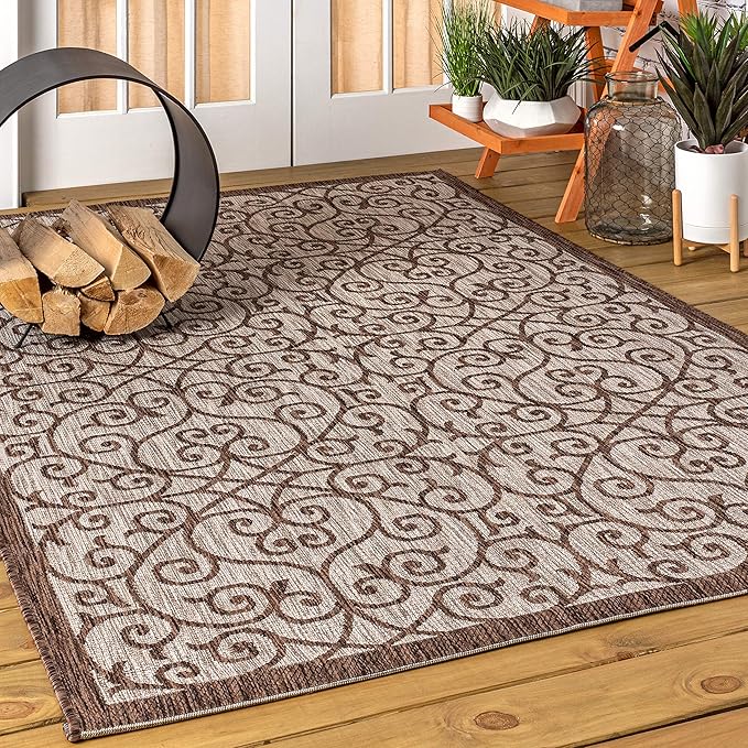 JONATHAN Y Vintage Filigree Indoor Outdoor Area Rug 3X5 Taupe/Espresso, Madrid Textured Weave for Backyard, Patio, Porch, Easy-Cleaning, High Traffic, Pet-Friendly, Non-Shedding (SMB107C-3)