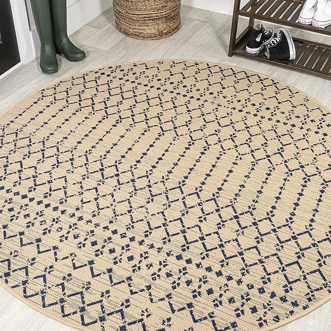 JONATHAN Y Moroccan Geometric Indoor Outdoor Round Area Rug 8 Ft Beige/Navy, Ourika Textured Weave for Backyard, Patio, Porch, Easy-Cleaning, High Traffic, Pet-Friendly, Non-Shedding (SMB108H-8R)