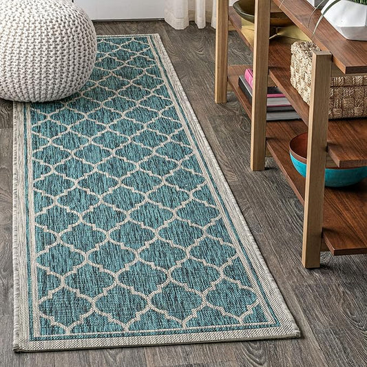 JONATHAN Y Moroccan Trellis Indoor Outdoor Runner Rug 2X10 Teal/Gray, Trebol Textured Weave for Backyard, Patio, Porch, Easy-Cleaning, High Traffic, Pet-Friendly, Non-Shedding (SMB109E-210)