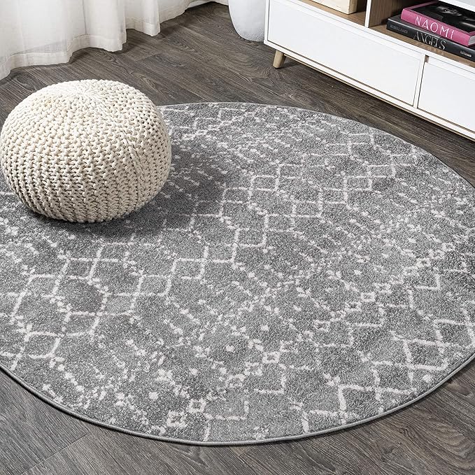 JONATHAN Y Boho Vintage Diamond Gray/Ivory Round Area Rug 7 ft, Moroccan Hype for Living Room, Bedroom, Kitchen, Office, Easy-Cleaning, High Traffic, Pet-Friendly, Non-Shedding (MOH101C-7R)
