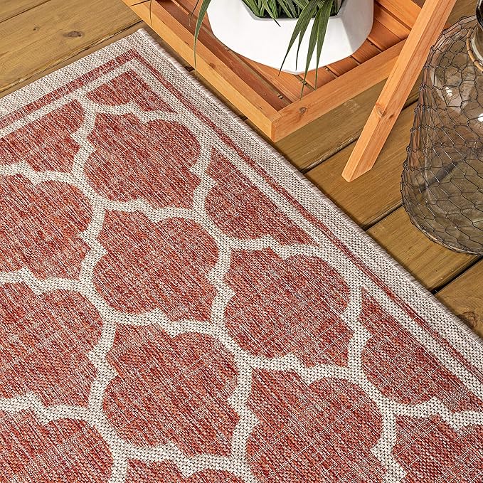 JONATHAN Y Moroccan Trellis Indoor Outdoor Square Area Rug 5X5 Red/Beige, Trebol Textured Weave for Backyard, Patio, Porch, Easy-Cleaning, High Traffic, Pet-Friendly, Non-Shedding (SMB109C-5SQ)