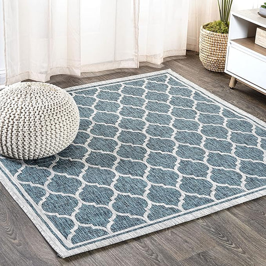JONATHAN Y Moroccan Trellis Indoor Outdoor Square Area Rug 6X6 Teal/Gray, Trebol Textured Weave for Backyard, Patio, Porch, Easy-Cleaning, High Traffic, Pet-Friendly, Non-Shedding (SMB109E-6SQ)
