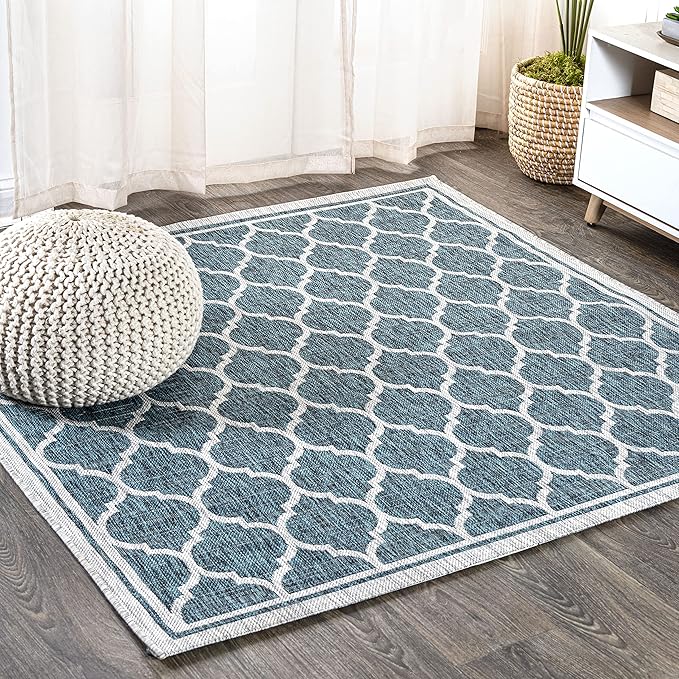 JONATHAN Y Moroccan Trellis Indoor Outdoor Square Area Rug 9X9 Teal/Gray, Trebol Textured Weave for Backyard, Patio, Porch, Easy-Cleaning, High Traffic, Pet-Friendly, Non-Shedding (SMB109E-9SQ)