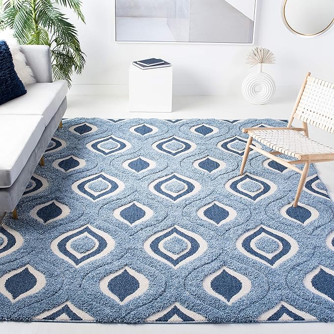 SAFAVIEH Florida Shag Collection Area Rug - 6'7" Square, Blue & Ivory, Modern Ogee Design, Non-Shedding & Easy Care, 1.2-inch Thick Ideal for High Traffic Areas in Living Room, Bedroom (SG461-6012)