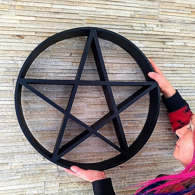 Pentagram Shelf - Star Crystal Shelf, Wooden Floating Shelf, Black - Wall Hanging Shelves for Room Aesthetics and Celestial Decor