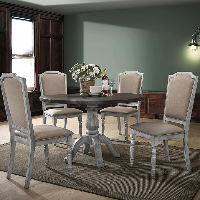 Roundhill Furniture Iris Turned Leg Wood Dining Chair, Set of 2, Weathered White