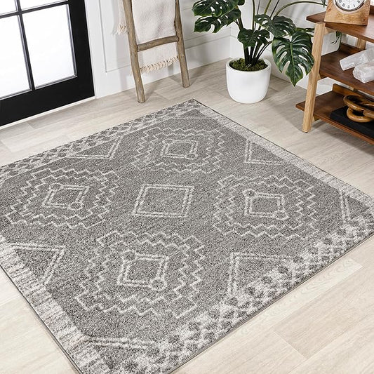 JONATHAN Y Amir Moroccan Beni Souk Gray/Cream 4x4 Square Indoor Area Rug, Bohemian, Scandinavian, Easy-Cleaning for Living Room, Bedroom, Kitchen, Pet Friendly, Non-Shedding (MOH200C-4SQ)