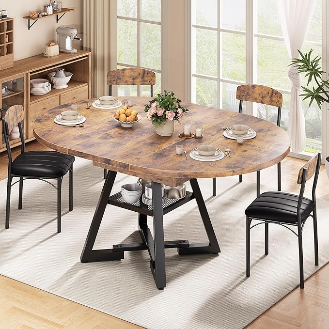 Round Dining Table Kitchen Dining Room Dinner Table for 4-6, Space Saving Extendable Oval Circle Furniture with Pedestal Base and Storage Shelf for Kitchen Living Room (Vintage, for 4-6)