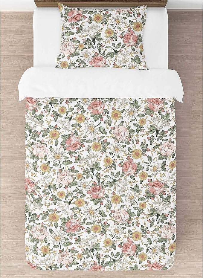 Sweet Jojo Designs 2-Piece Twin Comforter Set (Vintage Floral Boho) for Girls, Teen, Kids Bedding, Bed in a Bag incl. Blanket & Pillow Sham (Shabby Chic, Rose Flower, Farmhouse, Bohemian Pink, Yellow)
