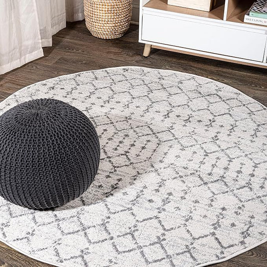 JONATHAN Y Boho Vintage Diamond Cream/Gray Round Area Rug 3 ft, Moroccan Hype for Living Room, Bedroom, Kitchen, Office, Easy-Cleaning, High Traffic, Pet-Friendly, Non-Shedding (MOH101B-3R)